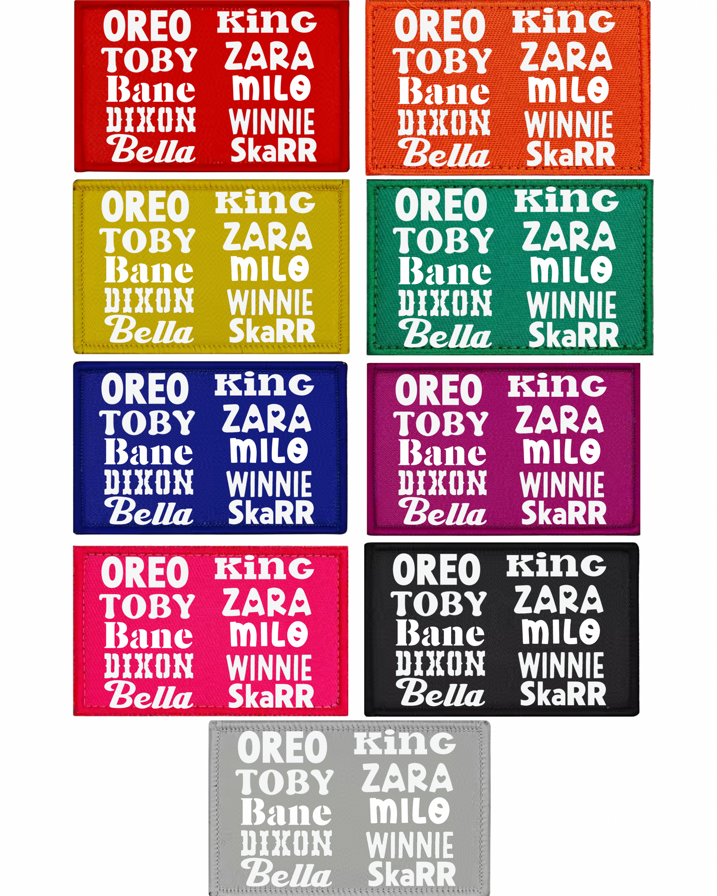 Set of colorful Oreo cookie packaging labels with character names.