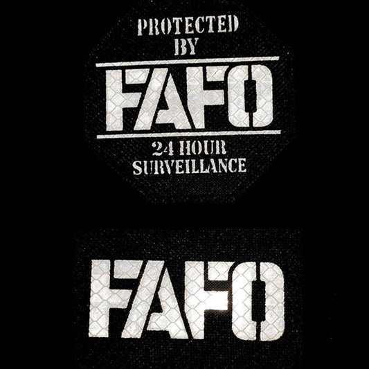 Two black patches with 'FAFO' and 'Protected by FAFO 24 Hour Surveillance' text on a black background.