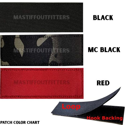 Color chart for patches with black, MC black, and red options, showing a loop and hook backing.