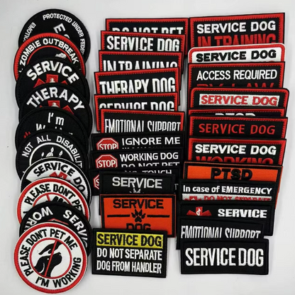 Collection of various service dog and related patches on a white background