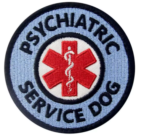 Patch with 'Psychiatric Service Dog' text and medical symbol on a light blue background