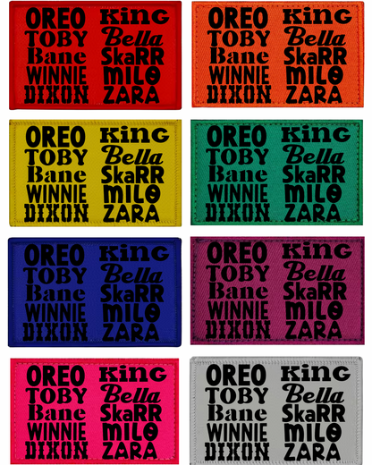 Nine rectangular labels with names and branding in various colors.