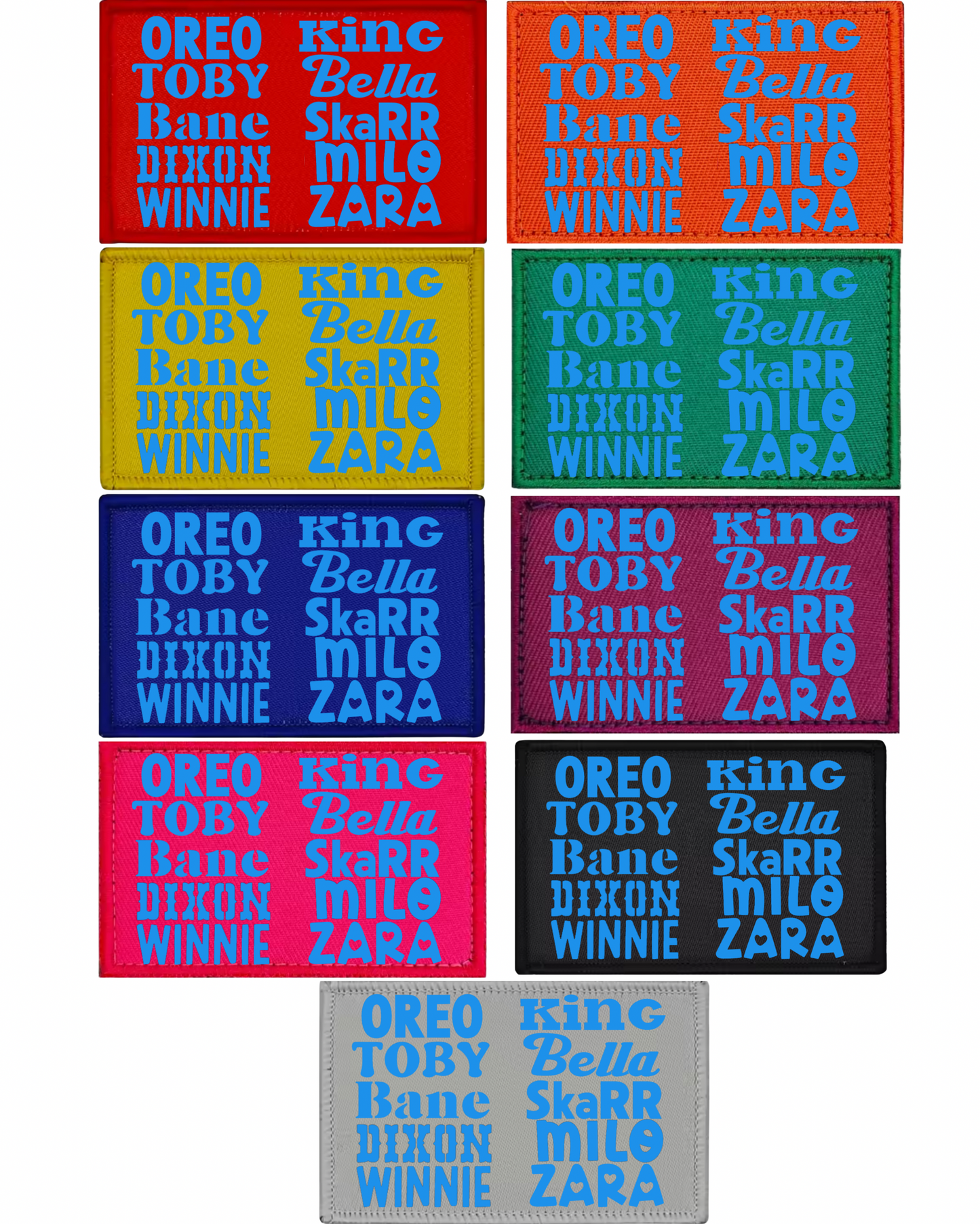 Set of colorful rectangular patches with text on a white background