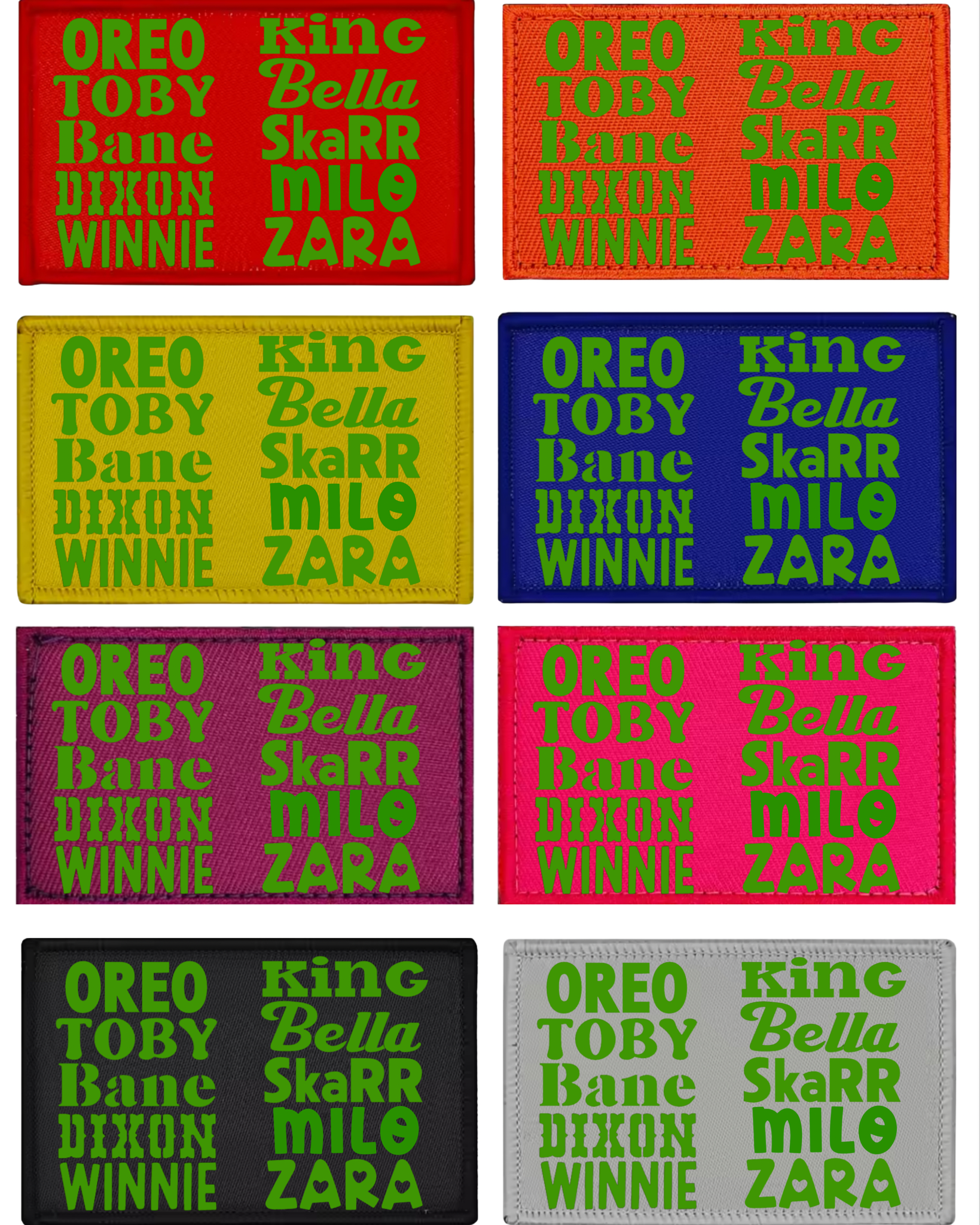 Nine rectangular patches with text in various colors on a white background