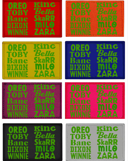 Nine rectangular patches with text in various colors on a white background