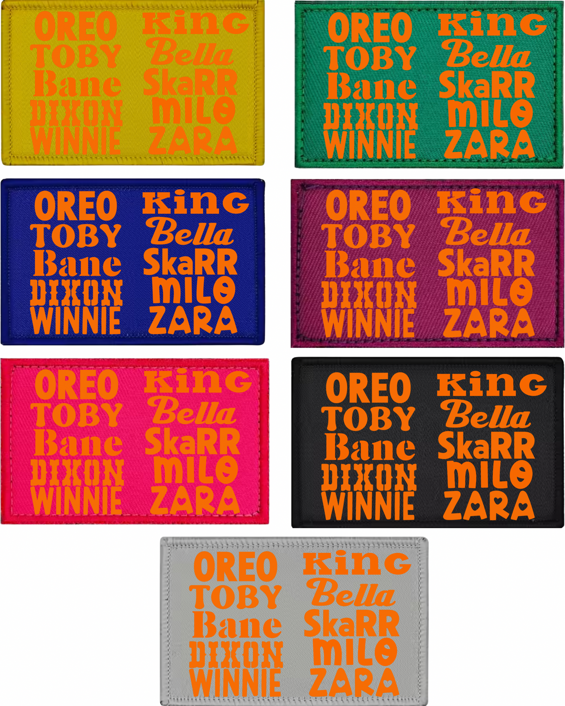 Set of colorful patches with text on a white background