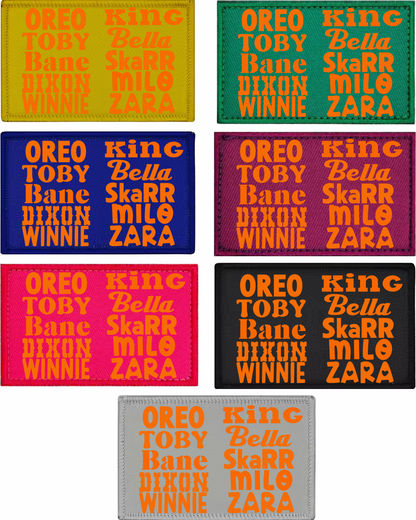 Set of colorful patches with text on a white background