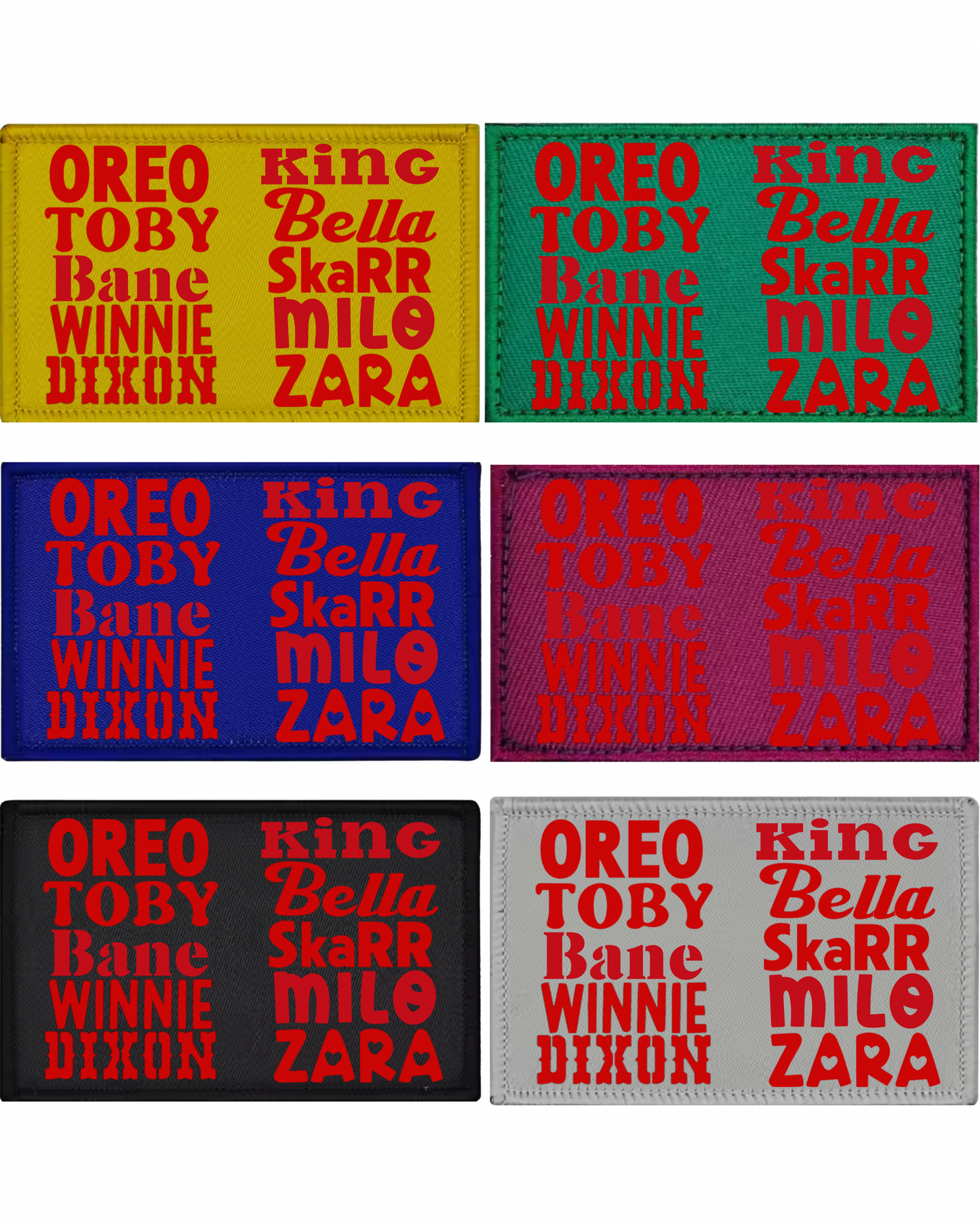 Set of colorful patches with text on a white background