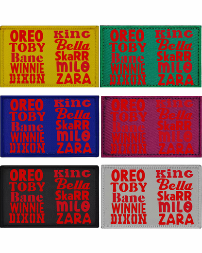 Set of colorful patches with text on a white background