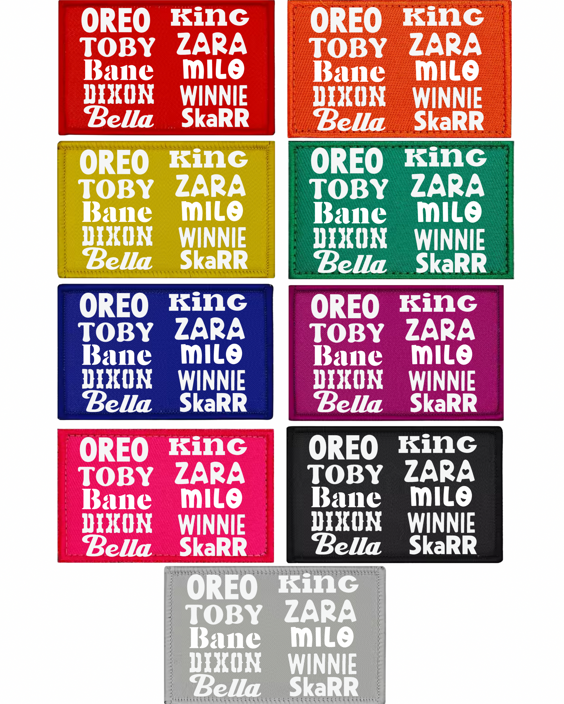 Set of colorful Oreo cookie packaging labels with character names.