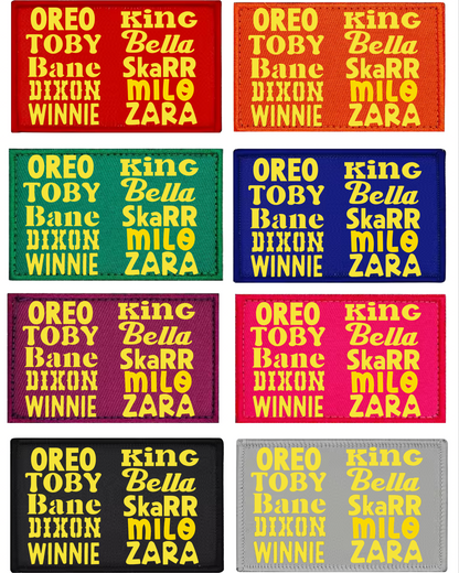 Nine colorful patches with text in a grid layout