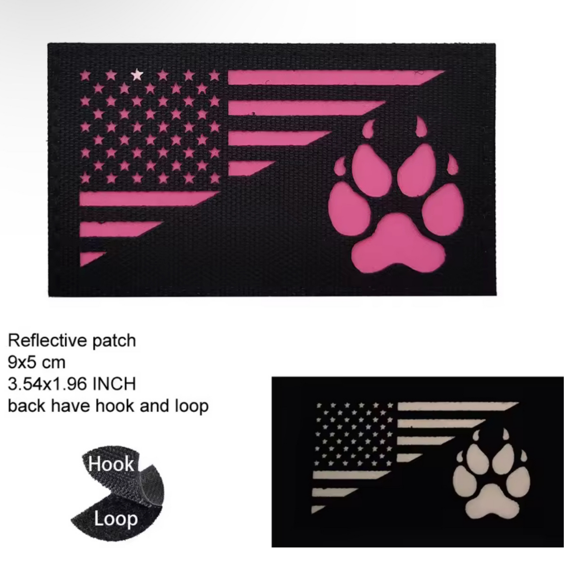 Reflective patch with American flag and paw print design on a white background