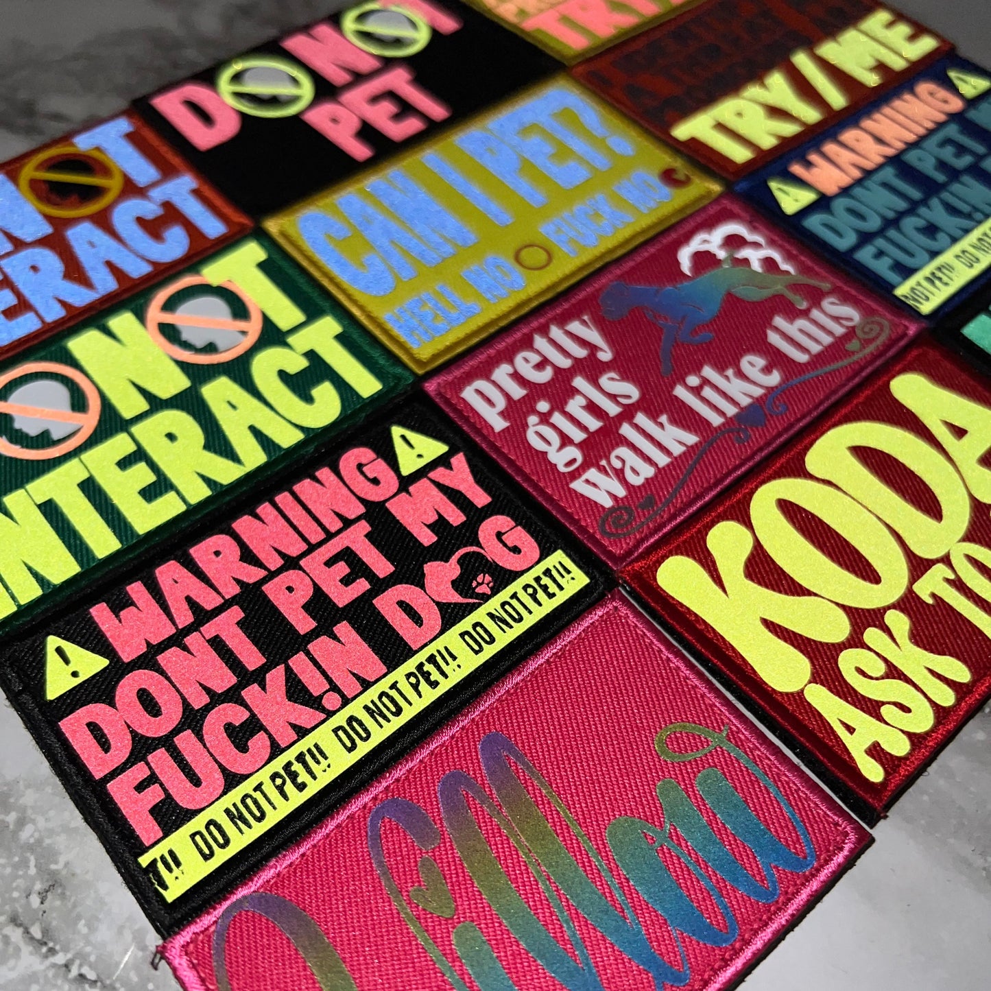 A set of colorful embroidered patches with humorous and provocative pet-related sayings, arranged diagonally on a gray concrete surface.