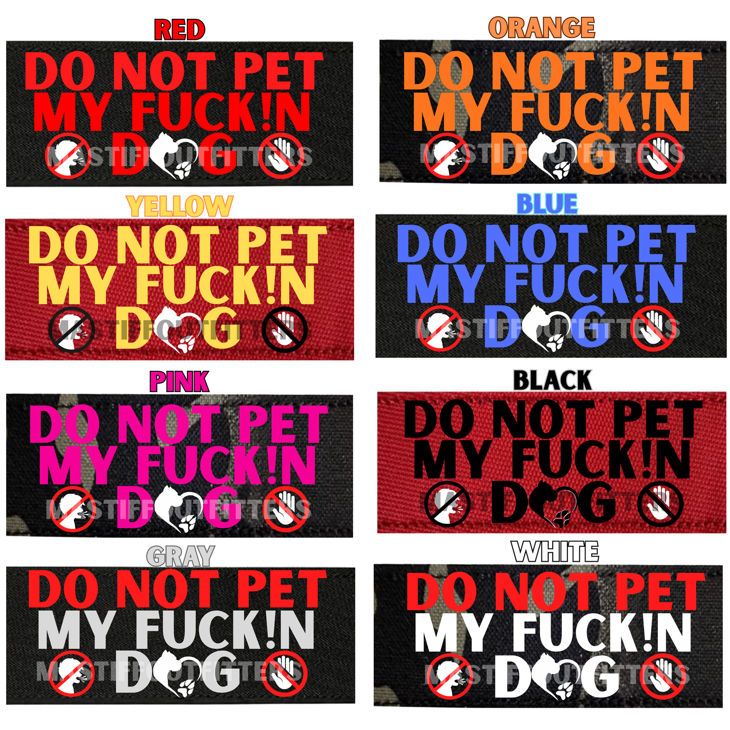Various color options of 'Do Not Pet My Fuckin Dog' stickers.