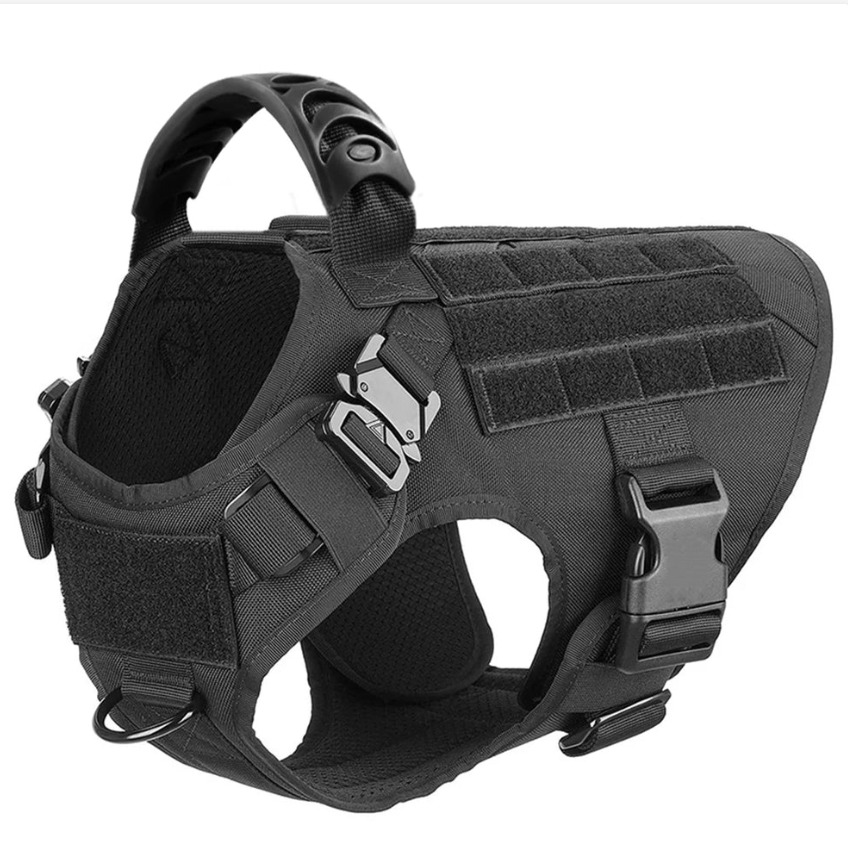 Black tactical dog harness on a white background