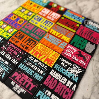 A set of colorful rectangular pet adoption stickers arranged in a grid on a white marble surface. The stickers feature various bold text slogans in pink, blue, yellow, orange, and black, with some including cartoon animal illustrations.