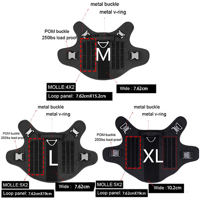 Black tactical belt with labeled components and dimensions on a white background