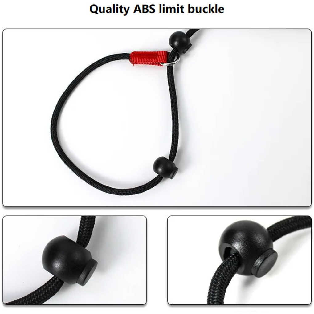 Black rope with a red ABS limit buckle on a white background