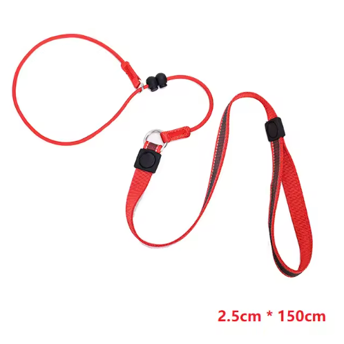 Red dog leash with black clips on a white background, labeled 'NEW Version'.