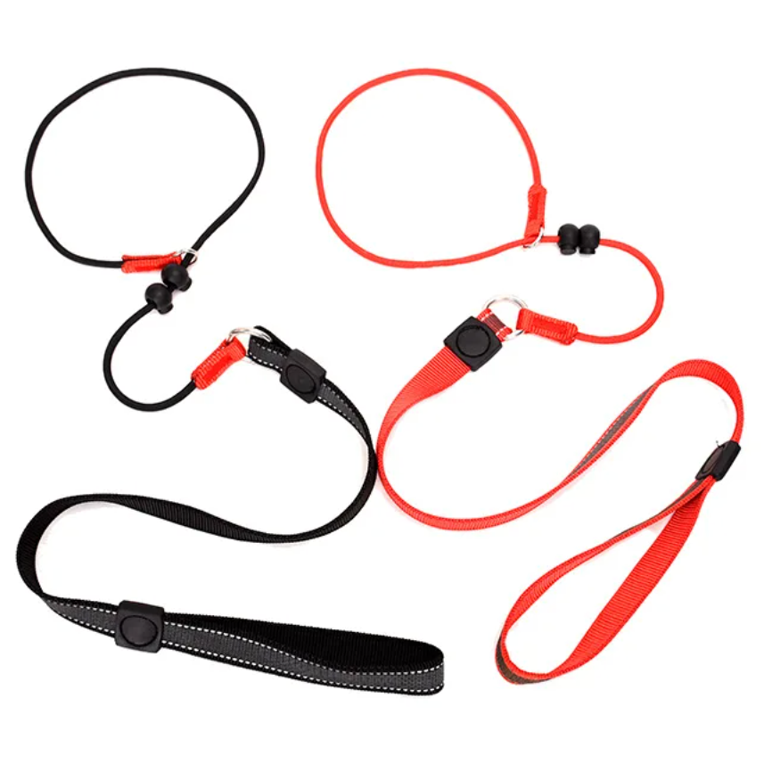 Black and red dog leashes on a white background