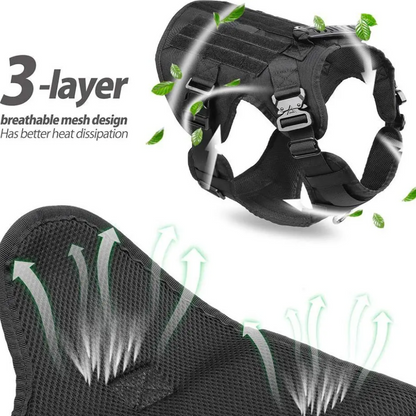 Black dog harness with breathable mesh design on a white background