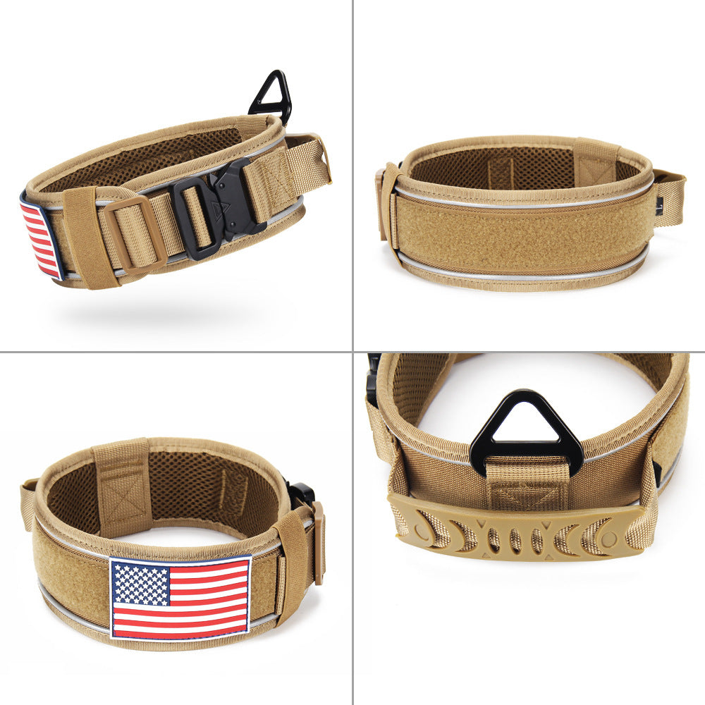 Tactical collar with American flag patch shown from multiple angles on a white background