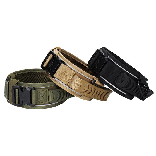 Three dog collars in green, tan, and black on a white background