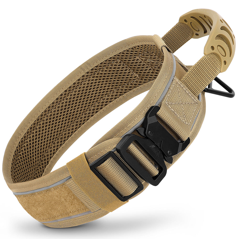 Tan dog collar with black buckle on a white background