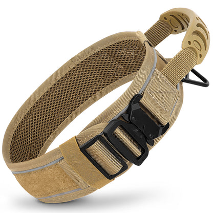 Tan dog collar with black buckle on a white background