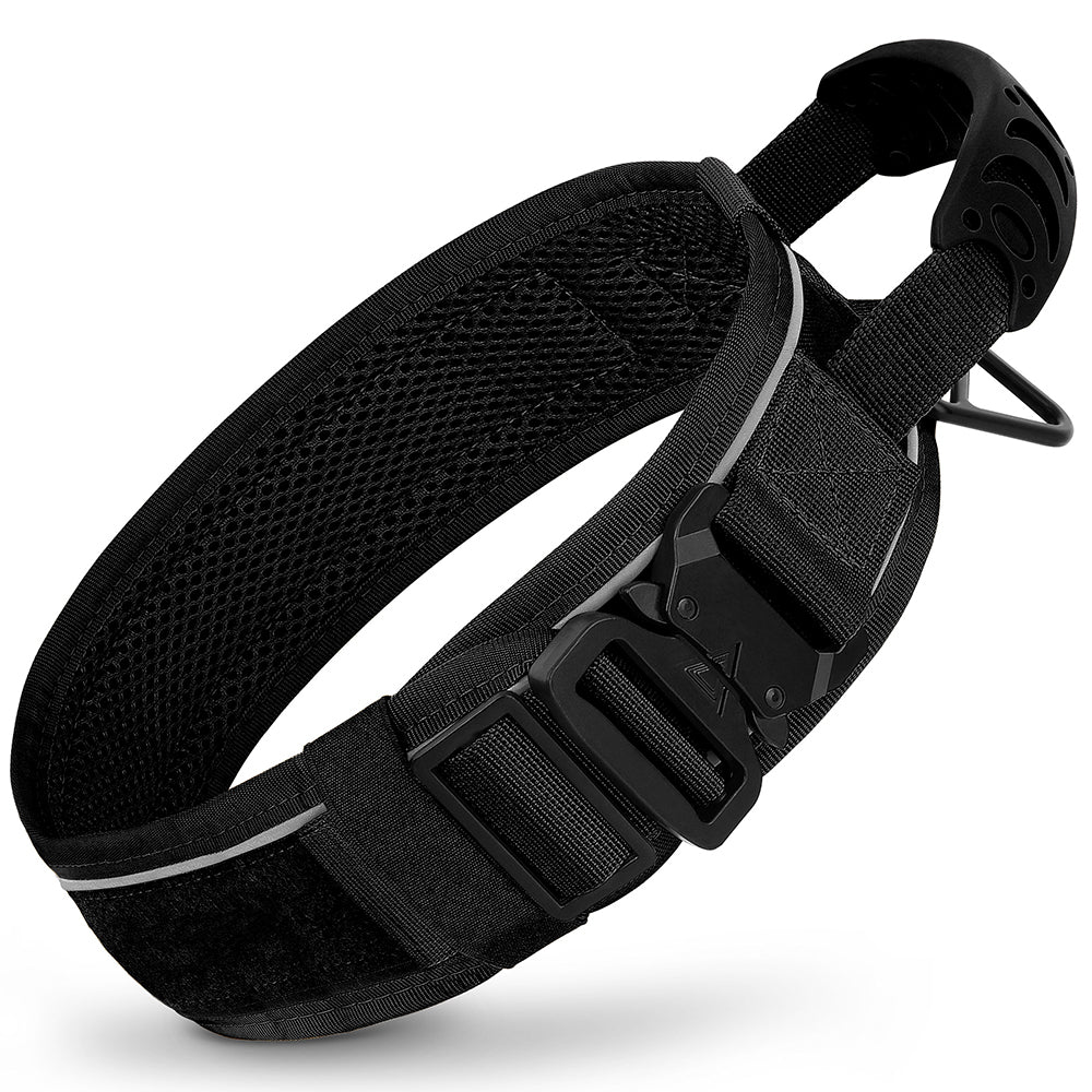 Black tactical collar with a buckle on a white background