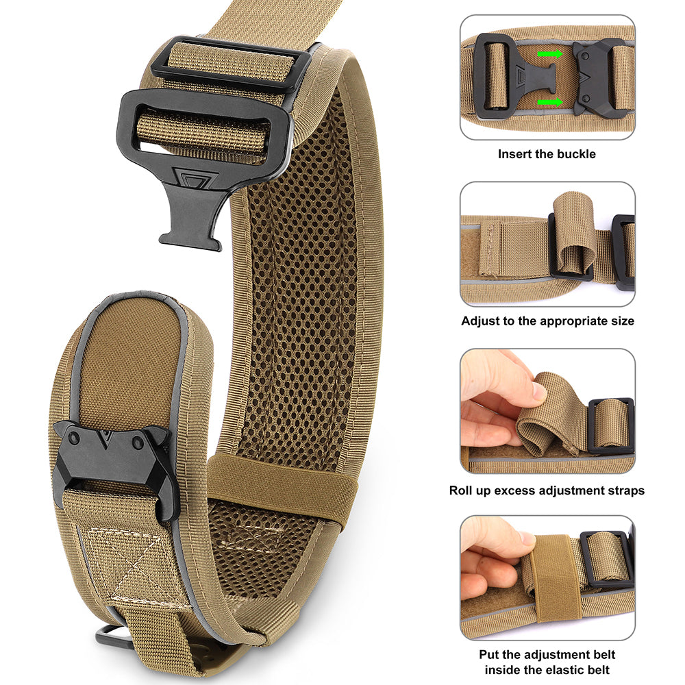 Tan tactical collar with buckle and adjustment straps on a white background
