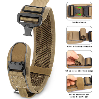 Tan tactical collar with buckle and adjustment straps on a white background