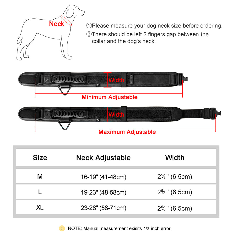 Dog collar measurement guide with adjustable range and size chart on a white background