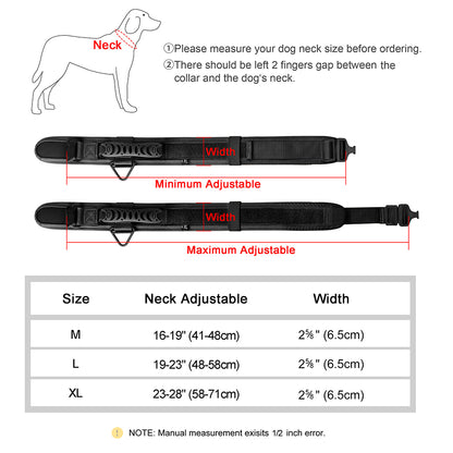 Dog collar measurement guide with adjustable range and size chart on a white background