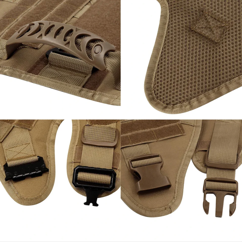Close-up details of tactical gear including a handle, textured surface, and straps.