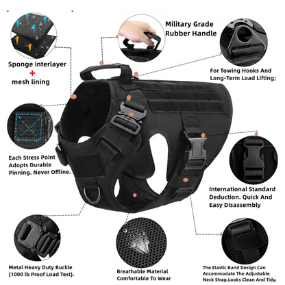 Black tactical dog harness with feature highlights on a white background