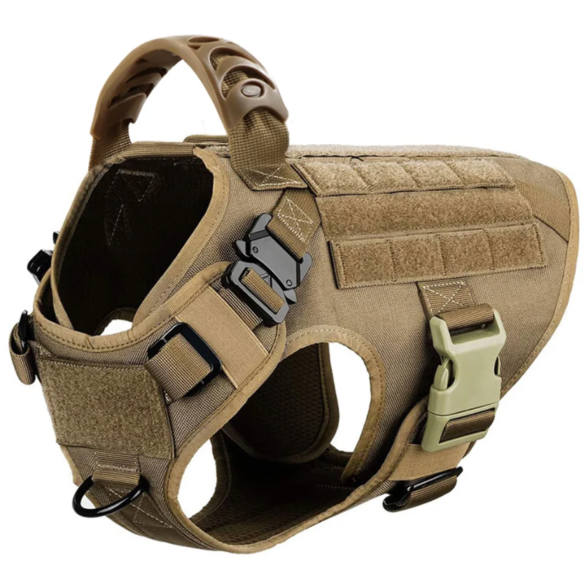 Tan tactical dog harness on a white background