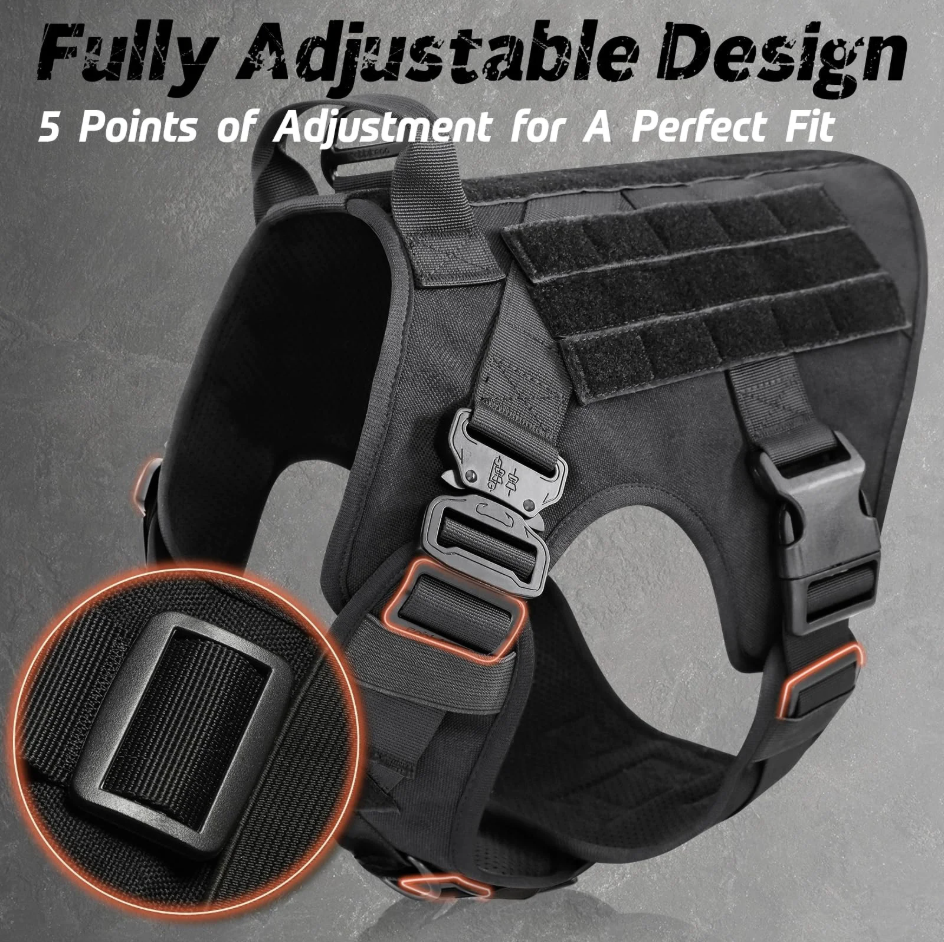 Black dog harness with adjustable design on a gray background