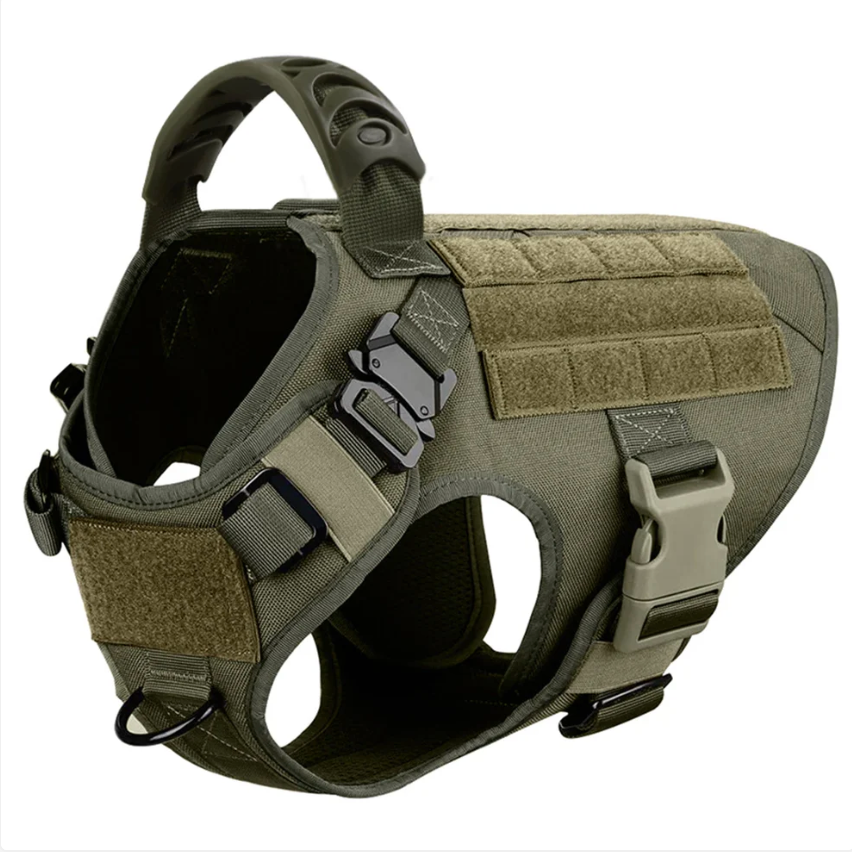 Olive green tactical dog harness on a white background