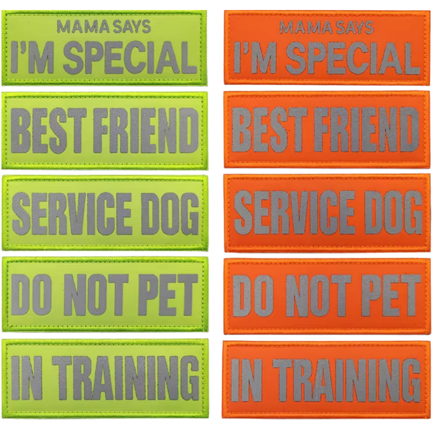 Set of colorful patches with text on a white background