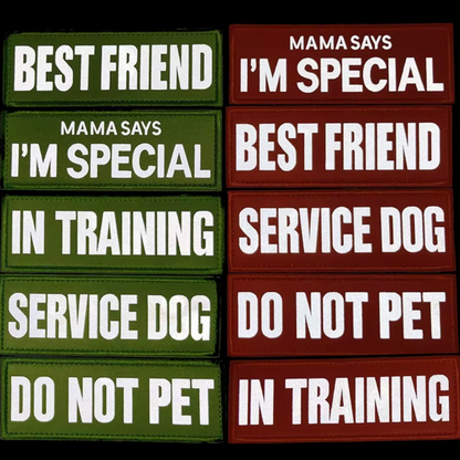 Set of patches with vinyl text like 'Best Friend', 'Mama Says I'm Special', 'Service Dog', and 'Do Not Pet' on a black background.
