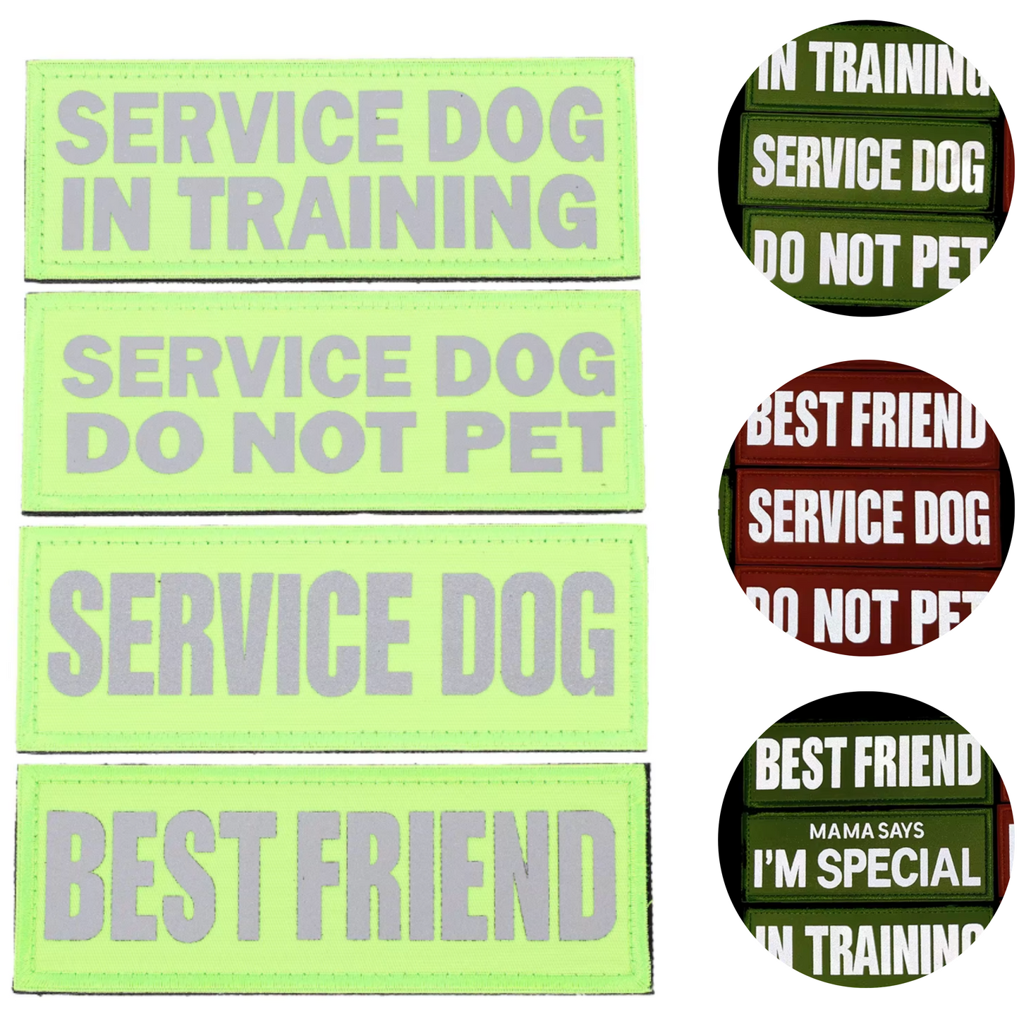 Collection of service dog related stickers with text on a white background