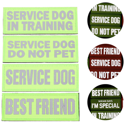 Collection of service dog related stickers with text on a white background