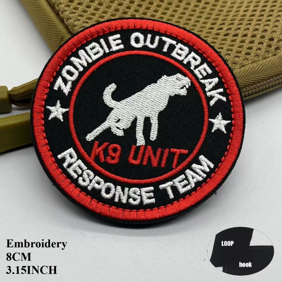 Embroidered patch with 'Zombie Outbreak K9 Unit Response Team' design on a white background